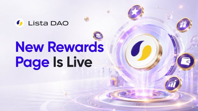 A promotional graphic for Lista DAO announces "New Rewards Page Is Live," featuring a glowing purple and gold circular design with the Lista DAO logo and floating icons representing rewards (stars, gifts, wallet, growth charts, and certificates), aligning with the post about a redesigned rewards dashboard that now consolidates positions, claimable rewards, history, and claim dates at lista.org/dashboard.