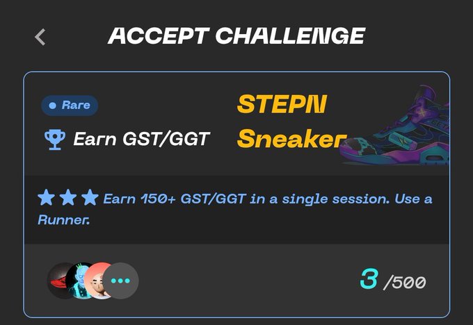 The image shows a screen with an acceptance challenge for a sneaker race, where participants are required to run 3/500 meters while wearing sneakers that have a yellow sole. The runner who completes this distance first wins the challenge.