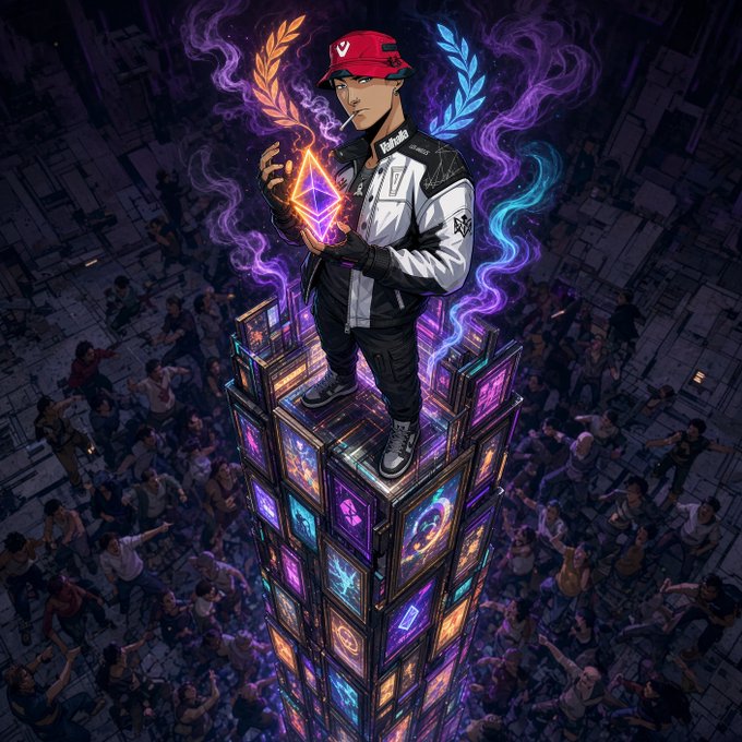An esports/gaming illustration features a character in a red cap and white jacket standing atop a tower of illuminated arcade cabinets, holding a glowing purple crystal surrounded by a crowd.