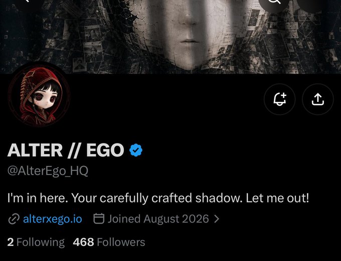 A Twitter/X profile page for 'ALTER // EGO' (@AlterEgo_HQ) features the bio 'I'm in here. Your carefully crafted shadow. Let me out!' and a website link to alterxego.io, showing 468 followers.