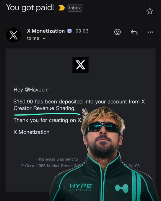 An X Monetization payment notification email showing $160.90 deposited via Creator Revenue Sharing to user @Havochl_, with a superimposed image of a man wearing sunglasses and a 'HYPE' jacket.
