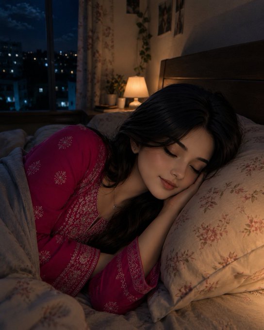 A young woman in a red embroidered outfit rests peacefully on a floral pillow in a dimly lit bedroom, with a glowing bedside lamp and a city skyline visible through the window behind her. The image complements the "Good night web3" caption by symbolizing the quiet end of a day while the technology continues building in the background, much like the @quipnetwork working behind the scenes.