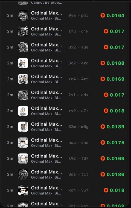 A screenshot showing a list of 'Ordinal Maxi' collections on a marketplace, each with a '2m' timestamp and prices ranging from 0.0164 to 0.0189, with some items marked with 'Cannot be stop...'.
