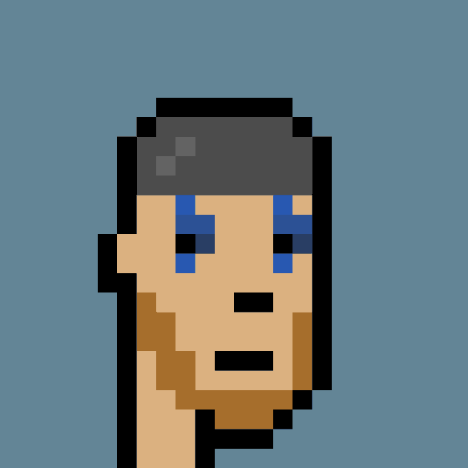 A pixel art illustration of a character with short dark hair, blue eyes, and a brown beard on a solid blue background.