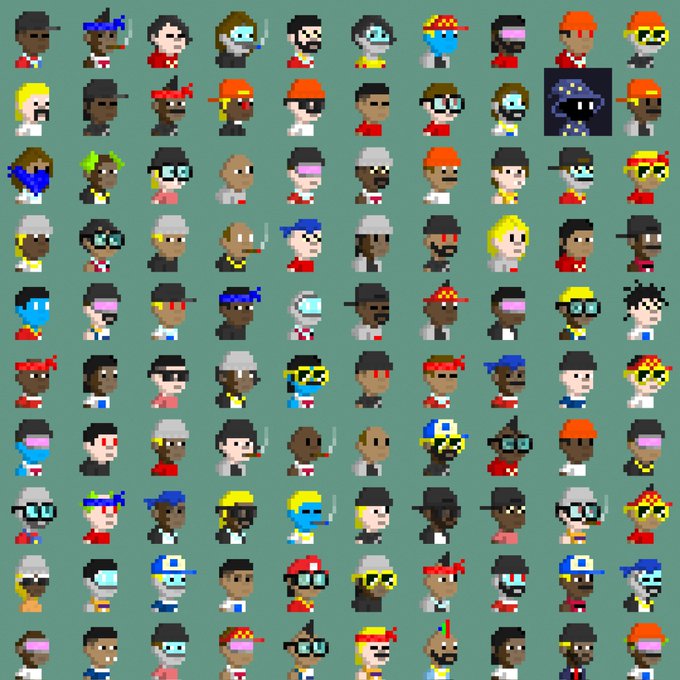 A grid of pixel art characters resembling CryptoPunks, featuring diverse headwear, hairstyles, and accessories with varied skin tones and colors on a green background.