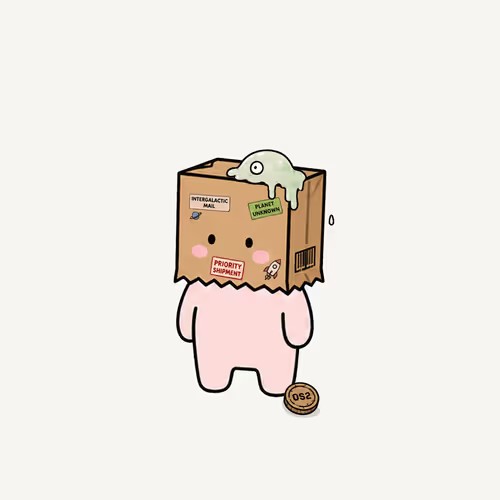 A cute cartoon character with a cardboard box on its head, labeled 'Intergalactic Mail' and 'Planet Unknown' with a 'Priority Shipment' sticker, standing on a white background with an 'OS2' tag.