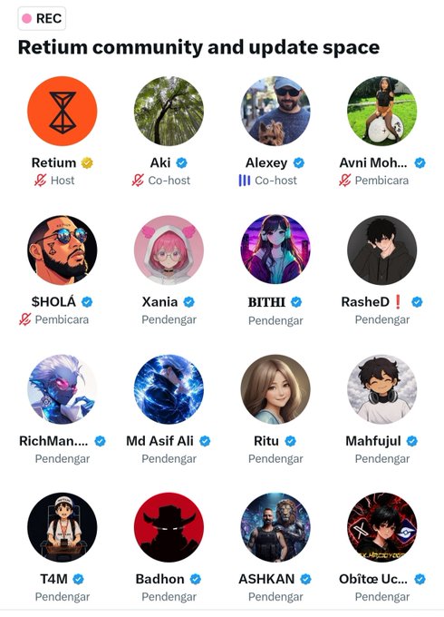 Screenshot of 'Retium community and update space' Twitter Space interface showing hosts Retium, Aki, Alexey and speakers/participants including SHOLA, Xania, BITHI, Rashed, RichMan, Md Asif Ali, Ritu, Mahfujul, T4M, Badhon, ASHKAN, and Obito.