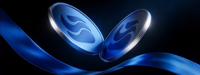 A 3D digital rendering of two metallic Sui cryptocurrency coins with blue ribbon-like elements flowing against a dark background.