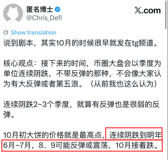A Chinese-language Twitter/X post by user @Chris_Defi discussing cryptocurrency market predictions, with a red box highlighting the text '连续阴跌到明年6月~7月，8、9可能反弹或震荡，10月接着跌' (continuous decline until next year's June-July, possible rebound in August-September, another drop in October).