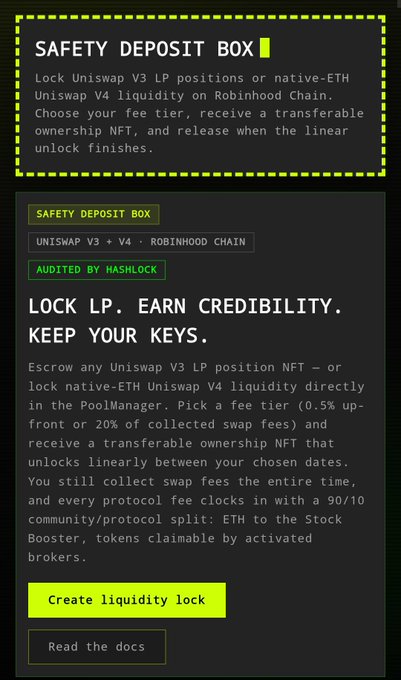 A promotional webpage for 'Safety Deposit Box' service highlighting the tagline 'LOCK LP. EARN CREDIBILITY. KEEP YOUR KEYS.' with information about locking Uniswap V3 LP positions or native-ETH Uniswap V4 liquidity on Robinhood Chain, audited by Hashlock.