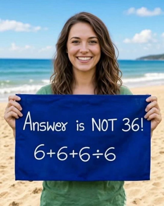 A smiling woman on a beach holds a blue sign reading "Answer is NOT 36!" with the equation "6+6+6÷6," illustrating that following order of operations yields an answer of 9 rather than 36.
