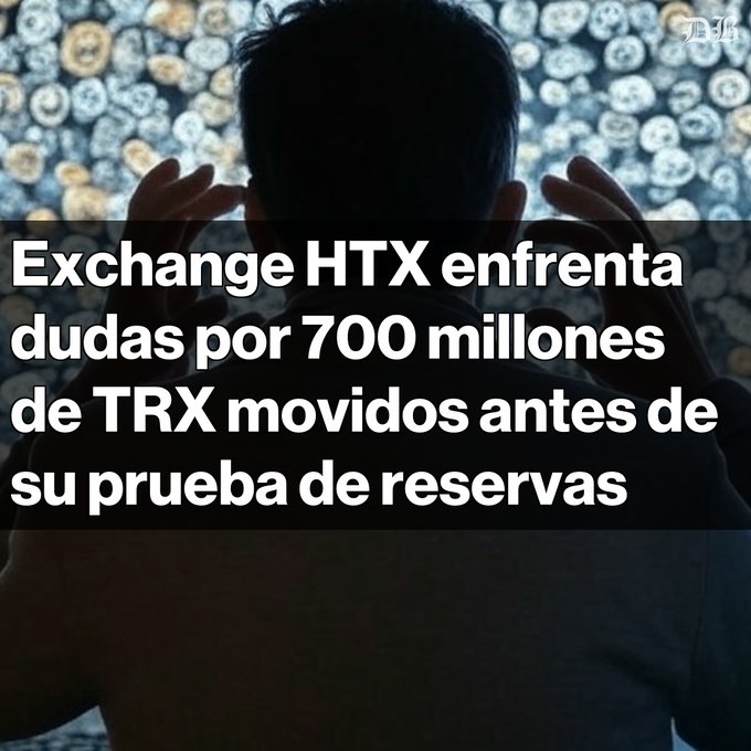 A news headline in Spanish stating 'Exchange HTX enfrenta dudas por 700 millones de TRX movidos antes de su prueba de reservas' over an image of a person with hands near their head against a background of coins.
