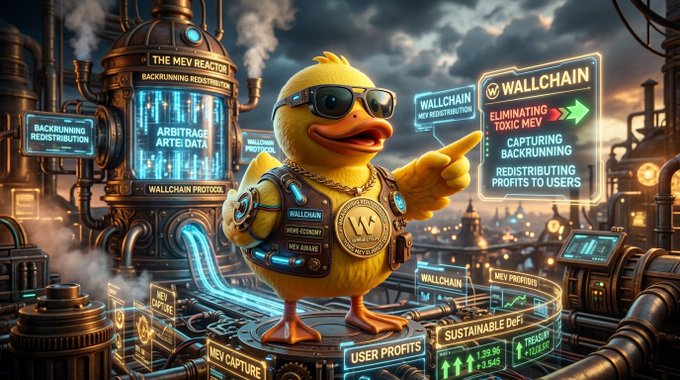 A cartoon duck wearing sunglasses and a leather vest with a 'W' medallion stands in a steampunk-style industrial setting, surrounded by glowing screens displaying text like 'WALLCHAIN', 'THE MEV REACTOR', 'BACKRUNNING REDISTRIBUTION', 'ARBITRAGE ARTE DATA', 'ELIMINATING TOXIC MEV', 'CAPTURING BACKRUNNING PROFITS TO USERS', and 'SUSTAINABLE DEFI'.