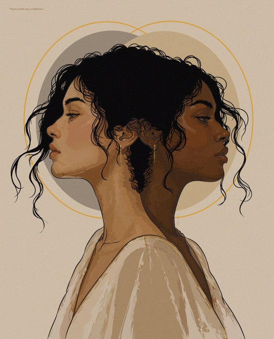 An illustrated portrait titled 'Every myth has a reflection' depicts two women with dark curly hair facing opposite directions, sharing a mirrored silhouette against a circular background.