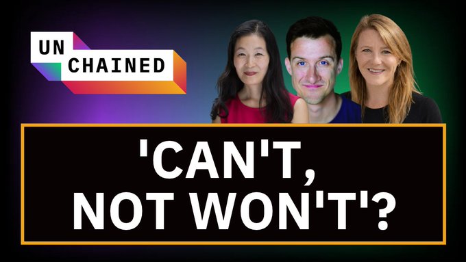 The image is a promotional thumbnail for an "Unchained" podcast episode titled "'CAN'T, NOT WON'T?" featuring hosts with THORChain core developers, discussing the Bitget hack, Mimir votes, signing halts, and DPRK-related crypto activity, airing Monday at 3:20pm ET.