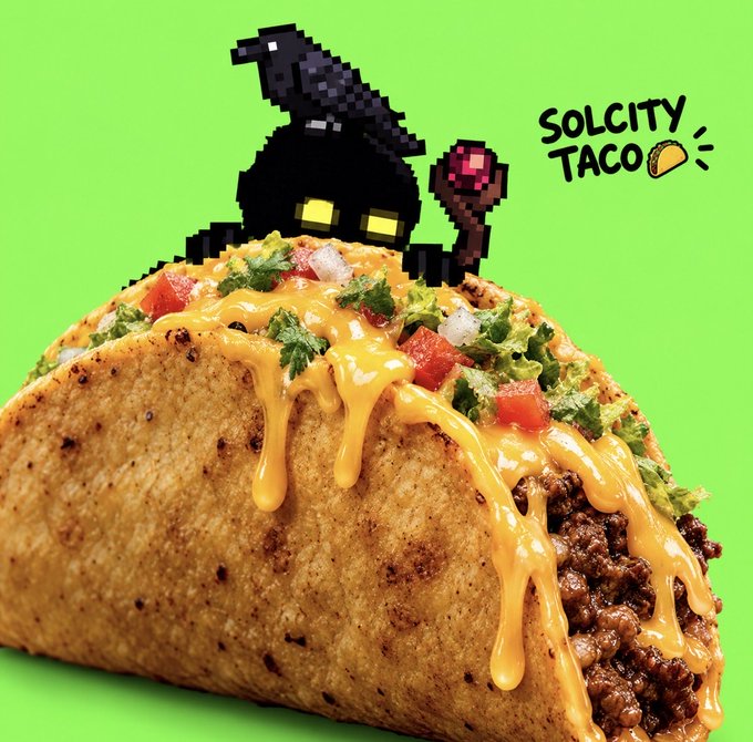 An advertisement for 'SOLCITY TACO' features a large, cheesy taco topped with meat, lettuce, tomatoes, and cilantro against a bright green background, with a pixelated witch character holding a staff above it.