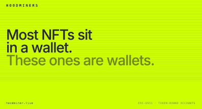 A bright green promotional banner with the N00DINERS logo at the top reads: 'Most NFTs sit in a wallet. These ones are wallets.' with 'n00dminer.live' and 'ENC-STI TOKEN-BOND ACCOUNTS' at the bottom.