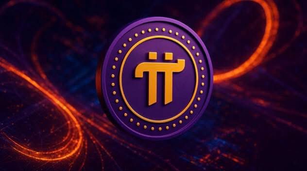 A 3D rendering of the purple and gold Pi Network (Pi) cryptocurrency coin logo set against a dark background with swirling red energy trails.