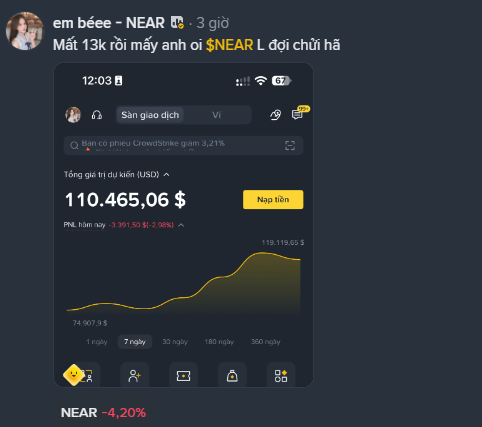 A social media post from 'em bèee - NEAR' showing a Binance wallet screenshot with total assets of 110,465.06 USD and NEAR price at -4.20%, with Vietnamese text reading 'Mất 13k rồi mày ơi $NEAR L đợi chứa hả'.