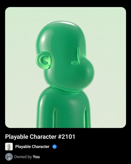 A glossy green 3D figurine of a bald humanoid character is displayed on what appears to be a digital NFT listing, labeled "Playable Character #2101" with verification indicating it is owned by the user. The image corresponds to the post's announcement of purchasing the rare Tier 4 Playable Character NFT at a low price, welcoming PC #2101 to their collection.