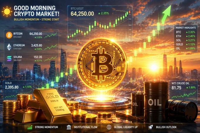 A vibrant financial graphic titled 'GOOD MORNING CRYPTO MARKET!' displaying price data for BTC/USDT (64,250.00, +2.35%), ETH, SOL, GOLD, and WTI CRUDE OIL, set against a golden sunset city skyline with a large Bitcoin coin and growth charts.