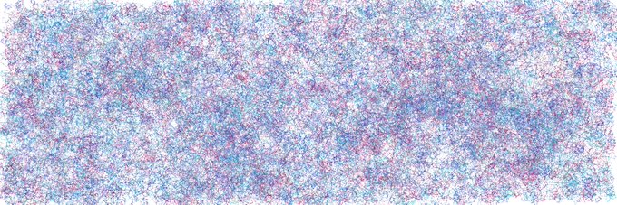 An abstract, heavily textured rectangular image displays a chaotic mix of blue, purple, and white lines and dots, resembling a dense, pointillist painting.