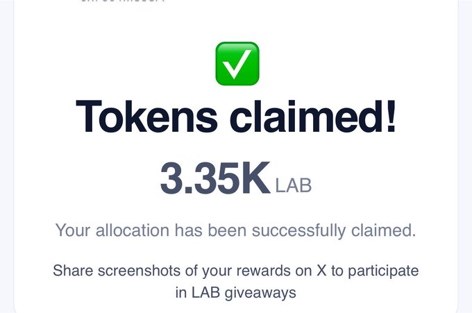 A screenshot showing 'Tokens claimed! 3.35K LAB' with a green checkmark, indicating a successful allocation claim.