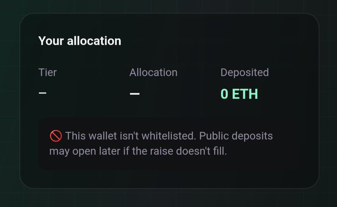 A dark interface displaying 'Your allocation' with empty Tier and Allocation fields, showing '0 ETH' deposited, with a notice that 'This wallet isn't whitelisted.'