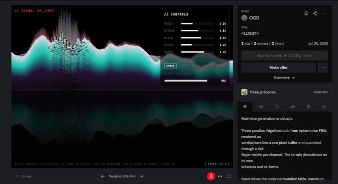 A generative landscape interface displays a colorful 'SIGNAL COLLAPSE' waveform with controls for noise, dither, bleed, speed, and depth, by artist OGD titled '<LOSSY>'.