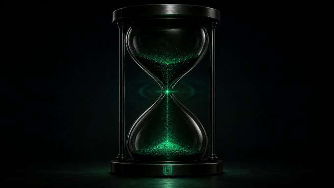 A black hourglass with glowing green sand flowing through it against a dark background, with a small green logo at the base.
