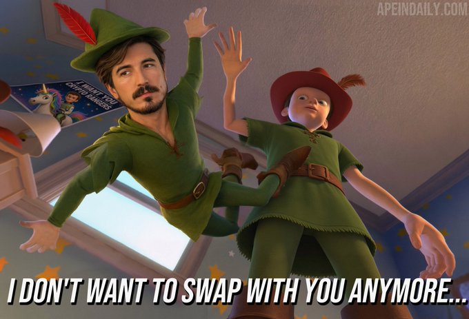A meme combining a still from "Lost in Space" with the animated Peter Pan and Robin Hood characters, captioned "I DON'T WANT TO SWAP WITH YOU ANYMORE..." with "APEINDAILY.COM" in the corner.
