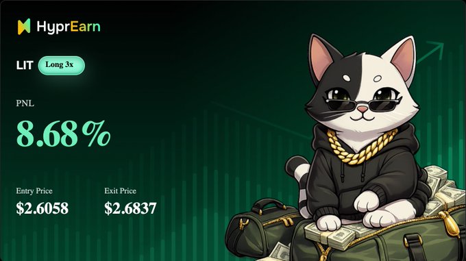 A HyprEarn trading screen showing a LIT Long 3x position with 8.68% PNL, entry price of $2.6058 and exit price of $2.6837, featuring a cartoon cat wearing sunglasses and gold chain.
