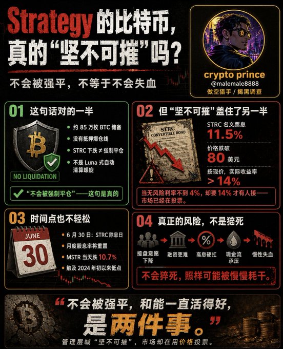 An infographic titled "Strategy 的比特币，真的'坚不可摧'吗？" (Is Strategy's Bitcoin truly "unbreakable?") breaks down the risks of MicroStrategy's Bitcoin holdings, noting ~850,000 BTC reserves cannot be force-liquidated but highlighting a convertible bond yielding 11.5%, a price plunge below $80, a June 30 dividend date, MSTR's 10.7% drop, and the fact that "won't be liquidated" doesn't mean "won't bleed" — with yields above 14% threatening slow collapse.