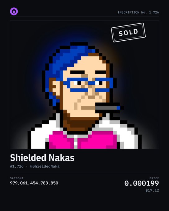 A pixel art NFT profile of a person with blue hair, labeled 'Shielded Nakas #1,726', marked 'SOLD' for 0.000199 ($17.12) with a price of 979,061,454,783,850 sats.