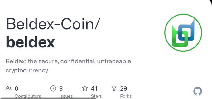 The image displays the GitHub repository header for "Beldex-Coin/beldex," describing Beldex as "the secure, confidential, untraceable cryptocurrency," with 41 stars and 29 forks. This relates to the post about the Beldex network strengthening through the V7.4.0 update, showcasing the project's open-source presence where such wallet, RPC, and Proof-of-Stake improvements are being developed.
