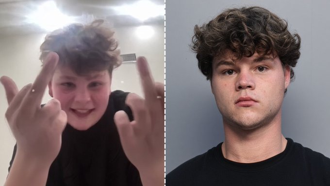 A split image compares a smiling young man gesturing with his hands (left) to his mugshot-style photo (right), suggesting an arrest.