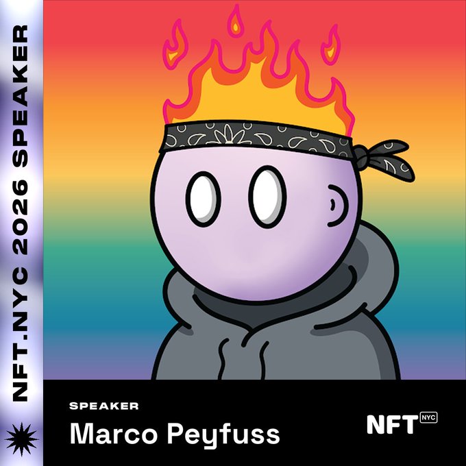 The image features a cartoon character wearing a bandana with a fire design, possibly representing a speaker or performer. The character has a gray hoodie over their head and appears to be standing against a colorful background. The text "SPEAKER SPOTLIGHT MARCO PEYFUS @mpeyfuss" is visible in the image, indicating that this character might be associated with an event or platform related to digital art and technology.
