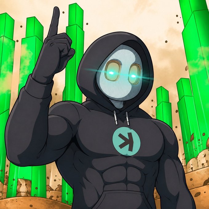 A masked, hooded figure with glowing teal eyes points upward in a barren landscape surrounded by towering green bar chart-like structures, symbolizing a watchful observer awaiting the right moment to act. The image visually reinforces the post's message of patience and discipline in anticipating future bullish opportunities.