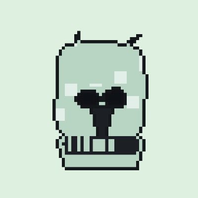 A pixel art illustration of a small, green, cartoonish skull-like character with pointed ears and large black eyes on a light green background.