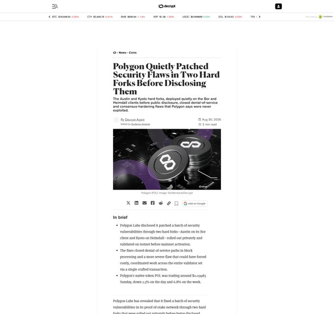 A Decrypt news article headline reads 'Polygon Quietly Patched Security Flaws in Two Hard Forks Before Disclosing Them,' detailing how the Austin and Kyoto hard forks addressed denial-of-service and consensus-hardening flaws on the Polygon PoS network.