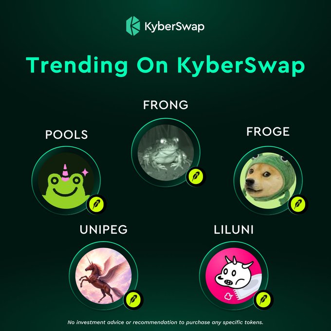 A KyberSwap promotional graphic displaying 'Trending On KyberSwap' with circular token icons for POOLS, FRONG, FROGE, UNIPEG, and LILUNI.