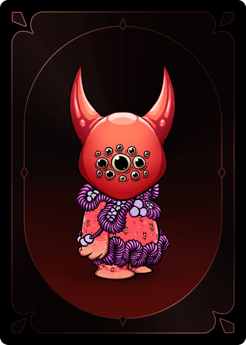 Stylized illustration of a red creature with horns and multiple eyes, wearing an outfit made of purple worm-like coils and beads, framed within an ornate dark border.