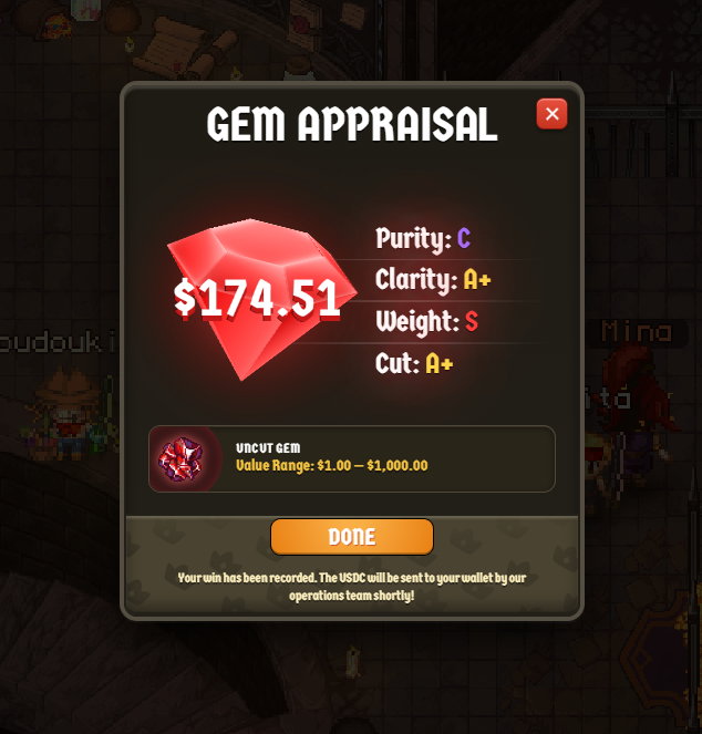 A 'Gem Appraisal' screen from a game showing an uncut red gem valued at $174.51 with grades for Purity (C), Clarity (A+), Weight (S), and Cut (A+).