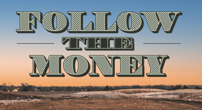 The image features the bold text "FOLLOW THE MONEY" overlaid on a scenic rural landscape at sunset, visually reinforcing the magazine's cover story about tracking international money transfers. The dramatic text directly ties into the post's inquiry into where money goes during a three-day international transfer, inviting readers to explore Issue 15.