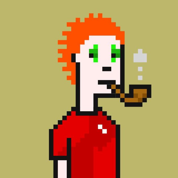 A pixel art illustration of a pale-skinned figure with bright red spiky hair, green pixelated eyes, and a red shirt, smoking a brown pipe against an olive-green background.
