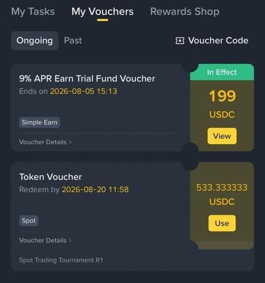 A cryptocurrency app interface showing the 'My Vouchers' tab with a '9% APR Earn Trial Fund Voucher' worth 199 USDC (In Effect) and a 'Token Voucher' worth 533.33333 USDC for Spot Trading Tournament R1.