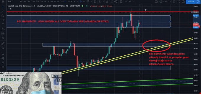 A candlestick chart of BTC.D (Bitcoin Dominance) on a daily timeframe from CRYPTOCAP, annotated with Turkish text suggesting it as a long-term altcoin buying zone, featuring a US $100 bill image in the lower left corner.