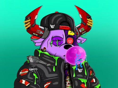 A digital illustration of a purple anthropomorphic character wearing a black cap and jacket, with mechanical red horns, blowing a pink bubble gum bubble, set against a teal background.