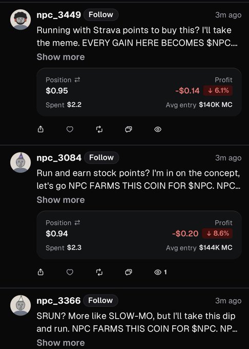 Screenshots of social media posts about a meme token called $NPC, with users showing their losing positions on Strava-themed coins.