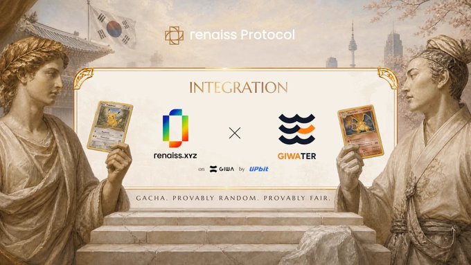 A promotional graphic for 'renaiss Protocol' announcing an 'INTEGRATION' between renais.xyz and GIWA on the Upbit exchange, with the tagline 'GACHA. PROVABLY RANDOM. PROVABLY FAIR.' flanked by statues holding trading cards.